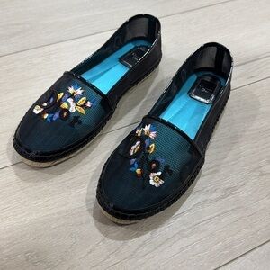 Christian Dior Embroidered Mesh Riviera Black Flat Espadrilles 38